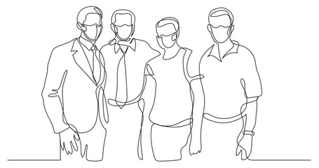 continuous line drawing vector illustration with FULLY EDITABLE STROKE - business team wearing face mask