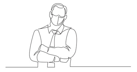 continuous line drawing vector illustration with FULLY EDITABLE STROKE - businessman arms crossed wearing face mask
