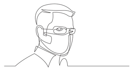 continuous line drawing vector illustration with FULLY EDITABLE STROKE - businessman in glasses portrait wearing face mask