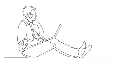 continuous line drawing vector illustration with FULLY EDITABLE STROKE - businessman sitting thinking with laptop computer wearing face mask