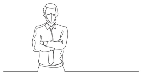 continuous line drawing vector illustration with FULLY EDITABLE STROKE - businessman standing crossing arms wearing face mask