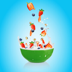 Strawberries, blueberry, raspberry, blackberries falling into a fresh bowl of cream. Healthy Breakfast, fresh berries and splashing milk. Healthy breakfast concept. vegetarian food