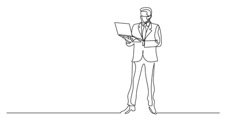 continuous line drawing vector illustration with FULLY EDITABLE STROKE - businessman standing with laptop computer wearing face mask