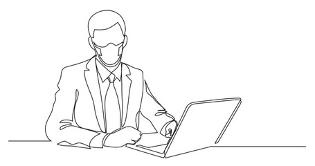 continuous line drawing vector illustration with FULLY EDITABLE STROKE - businessman with laptop computer wearing face mask