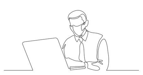continuous line drawing vector illustration with FULLY EDITABLE STROKE - businessman with laptop wearing face mask