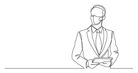 continuous line drawing vector illustration with FULLY EDITABLE STROKE - businessman with tablet wearing face mask