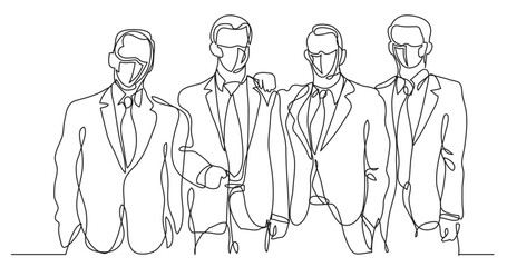 continuous line drawing vector illustration with FULLY EDITABLE STROKE - businessmen team wearing face mask