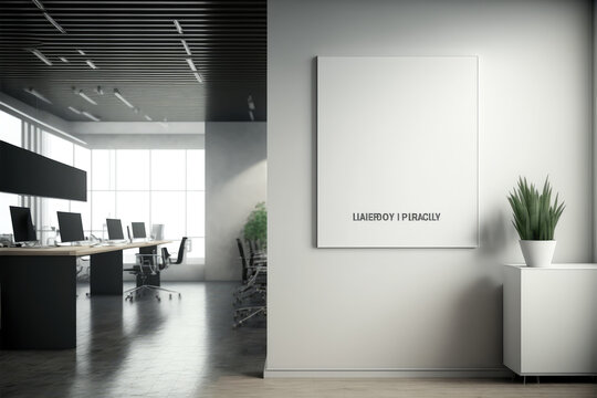 Empty advertising billboard frame on wall in office lobby copy space for mock up design template. Peculiar AI generative image.