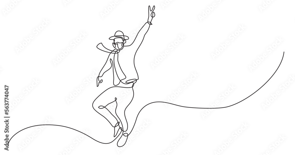 Poster continuous line drawing vector illustration with fully editable stroke - expressive happy jumping ma