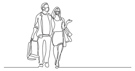 continuous line drawing vector illustration with FULLY EDITABLE STROKE - couple shopping wearing face mask