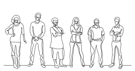 continuous line drawing vector illustration with FULLY EDITABLE STROKE - diverse crowd of standing people wearing face mask