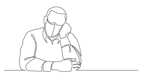 continuous line drawing vector illustration with FULLY EDITABLE STROKE - dreaming man wearing face mask