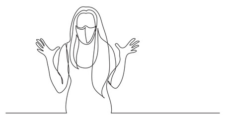 continuous line drawing vector illustration with FULLY EDITABLE STROKE - emotional upset woman wearing face mask
