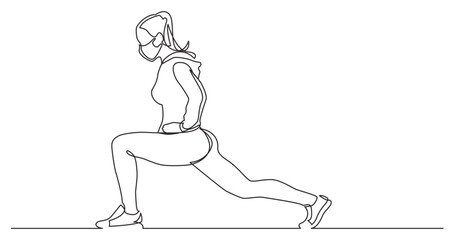 continuous line drawing vector illustration with FULLY EDITABLE STROKE - female athlete stretching legs wearing face mask