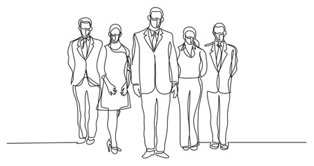 continuous line drawing vector illustration with FULLY EDITABLE STROKE - five standing business professionals wearing face mask