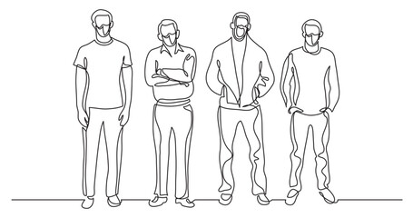 continuous line drawing vector illustration with FULLY EDITABLE STROKE - four standing men wearing face mask