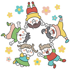 Naklejka premium ジャンプする子供たちとお花のイラスト素材