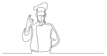 continuous line drawing vector illustration with FULLY EDITABLE STROKE - french chef showing ok sign wearing face mask