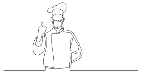 continuous line drawing vector illustration with FULLY EDITABLE STROKE - french chef showing thumb up wearing face mask