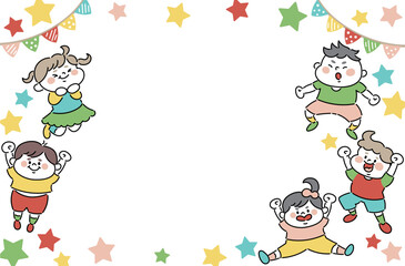 ジャンプする子供たちとカラフルな星のイラスト背景素材