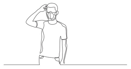 continuous line drawing vector illustration with FULLY EDITABLE STROKE - frustrated man (1) wearing face mask