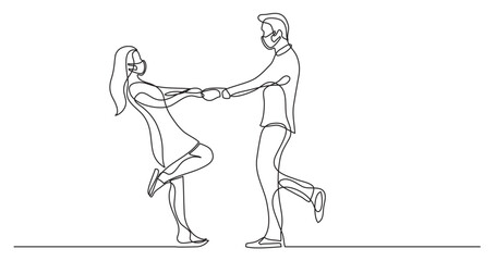 continuous line drawing vector illustration with FULLY EDITABLE STROKE - happy couple dancing wearing face mask