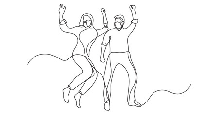 continuous line drawing vector illustration with FULLY EDITABLE STROKE - happy couple man woman wearing face mask