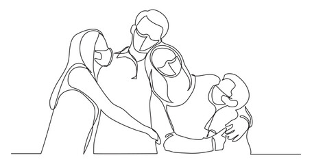 continuous line drawing vector illustration with FULLY EDITABLE STROKE - happy family of four 3 wearing face mask