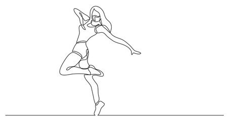 continuous line drawing vector illustration with FULLY EDITABLE STROKE - happy fitness woman wearing face mask