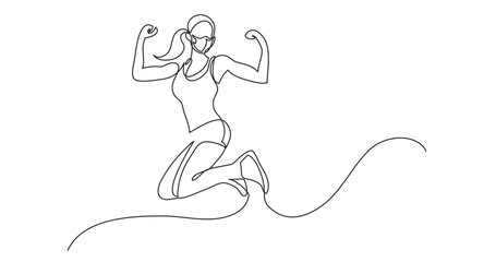 continuous line drawing vector illustration with FULLY EDITABLE STROKE - happy jumping woman athlete wearing face mask