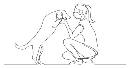 continuous line drawing vector illustration with FULLY EDITABLE STROKE - happy pet lover with dog wearing face mask