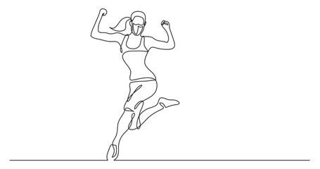 continuous line drawing vector illustration with FULLY EDITABLE STROKE - happy running athlete woman wearing face mask