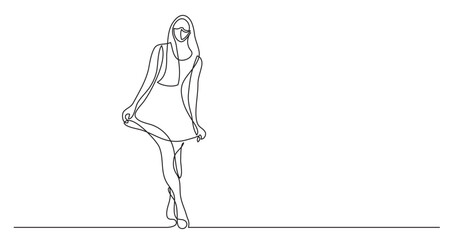 continuous line drawing vector illustration with FULLY EDITABLE STROKE - happy woman posing in dress wearing face mask