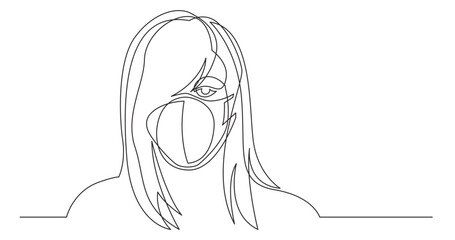 continuous line drawing vector illustration with FULLY EDITABLE STROKE - healthy beautiful young woman wearing face mask