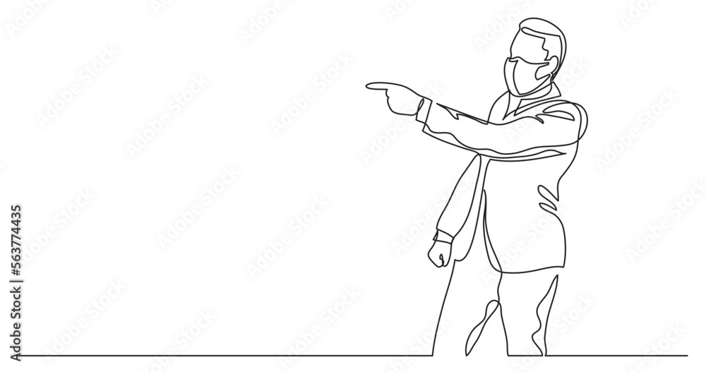 Poster continuous line drawing vector illustration with fully editable stroke - man pointing wearing face m