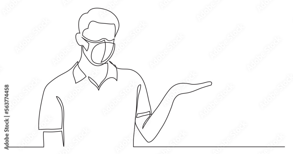 Poster continuous line drawing vector illustration with fully editable stroke - man showing something weari
