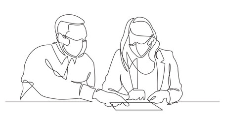 continuous line drawing vector illustration with FULLY EDITABLE STROKE - man instructing woman on work place wearing face mask