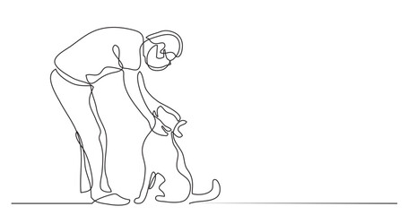 continuous line drawing vector illustration with FULLY EDITABLE STROKE - man petting dog wearing face mask