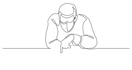 continuous line drawing vector illustration with FULLY EDITABLE STROKE - man pointing at blank banner wearing face mask