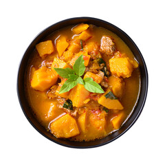 Thai spicy pumpkin curry soup with pork in bowl on transparent png