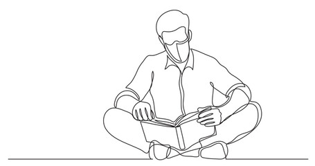 continuous line drawing vector illustration with FULLY EDITABLE STROKE - man sitting on floor  reading book wearing face mask