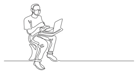 continuous line drawing vector illustration with FULLY EDITABLE STROKE - man sitting working on computer wearing face mask