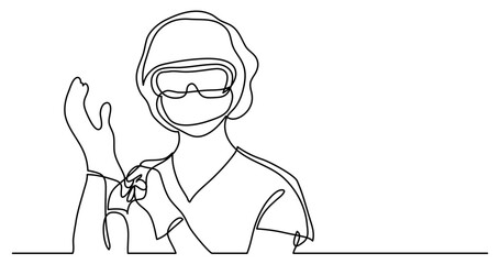 continuous line drawing vector illustration with FULLY EDITABLE STROKE - of doctor in mask putting on protective gloves