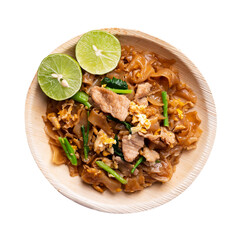 Thai food (Pad See Ew), Stir fried rice noodles with soy sauce, egg, kale and pork on transparent png