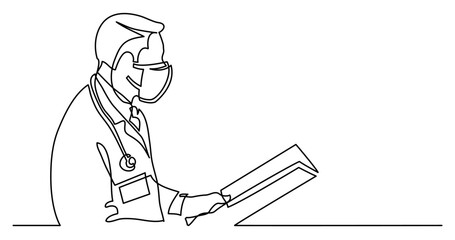 continuous line drawing vector illustration with FULLY EDITABLE STROKE - of doctor in protective mask reading papers