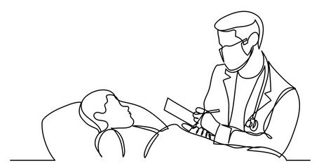 continuous line drawing vector illustration with FULLY EDITABLE STROKE - of doctor in protective mask talking to sick patient in bed