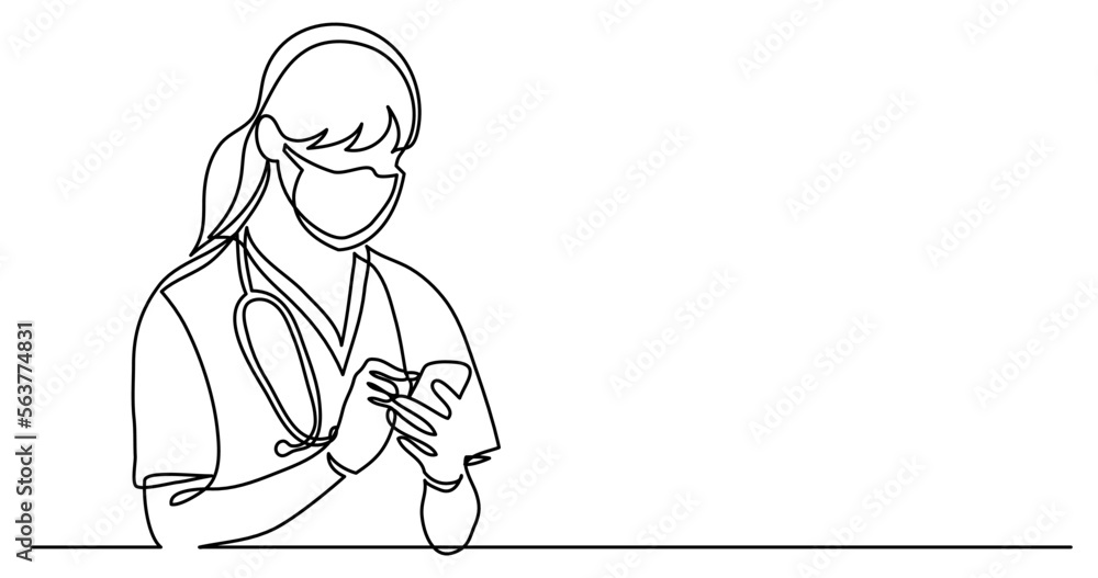 Sticker continuous line drawing vector illustration with fully editable stroke - of nurse in protective mask