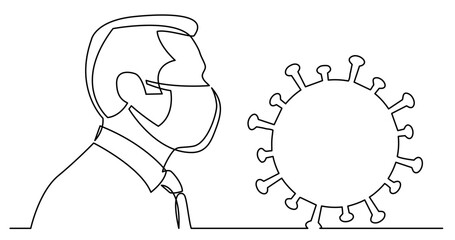 continuous line drawing vector illustration with FULLY EDITABLE STROKE - of man in protective mask and coronavirus symbol