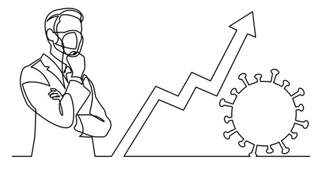 continuous line drawing vector illustration with FULLY EDITABLE STROKE - of man in protective mask concerning about number of coronavirus cases skyrocketing