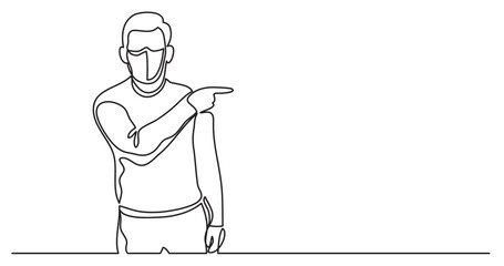 continuous line drawing vector illustration with FULLY EDITABLE STROKE - of man in protective mask pointing finger at copy space
